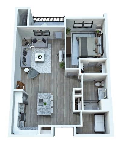 A top-down view of a small apartment with a kitchen, living room, and bedroom.