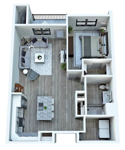 A top-down view of a modern apartment layout with a kitchen, living room, and bedrooms.