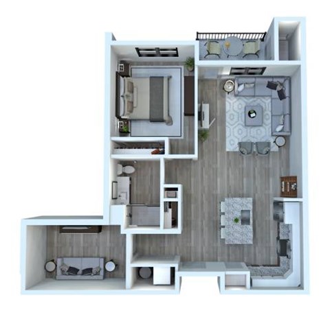 A 3D floor plan of a small apartment with a kitchen, living room, and bathroom.