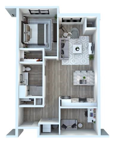 A 3D floor plan of a small apartment with a kitchen, living room, and bathroom.