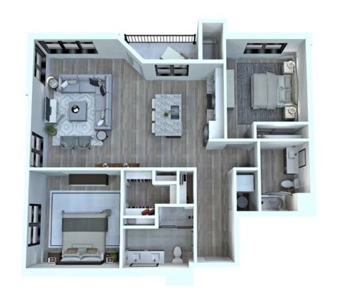 A 3D floor plan of a house with a kitchen, living room, and bedrooms.