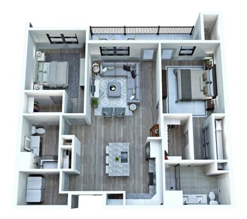 A top-down view of a modern apartment layout with a kitchen, living room, and bedrooms.