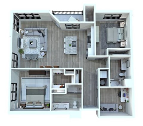 A top-down view of a small apartment with a kitchen, living room, and bedrooms.