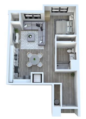 A 3D floor plan of a small apartment with a kitchen, living room, and bathroom.