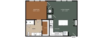 A floor plan of a room with a bedroom, bathroom, kitchen, and living/dining area.
