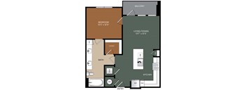 A floor plan of an apartment with a bedroom, living/dining area, kitchen, bath, and closet.