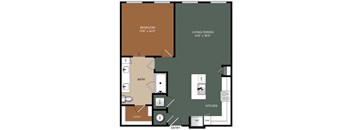 A floor plan of a room with a bedroom, bathroom, kitchen, living/dining area, and closet.