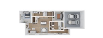 A floor plan of a house with a kitchen, living room, and two bedrooms.