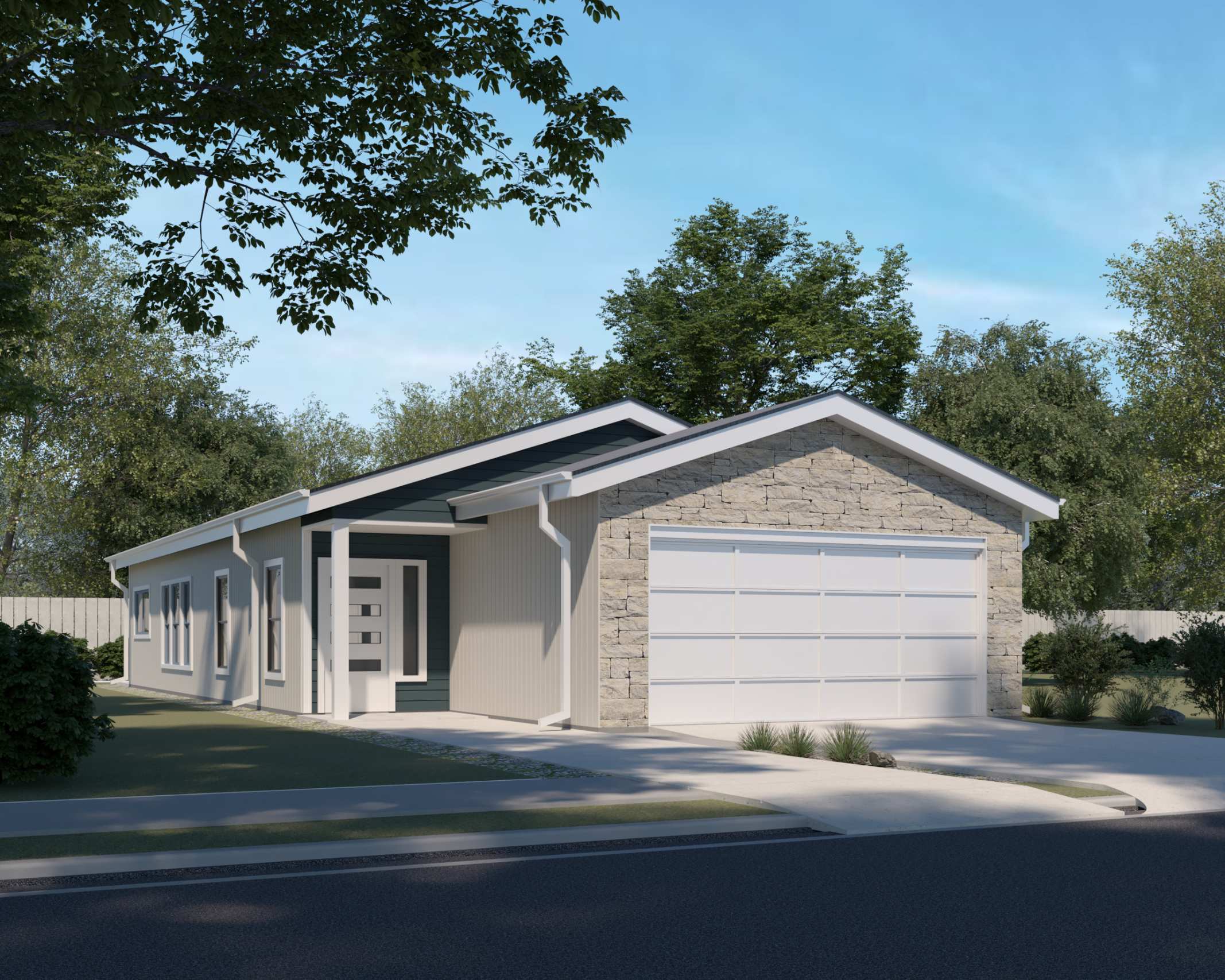 A modern house with a white garage door and a stone wall.