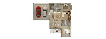 A floor plan of a house with a red car parked outside.