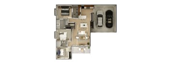 A floor plan of a house with two bedrooms, a living room, a kitchen, a bathroom, and two parking spaces.