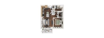 A top-down view of a small apartment with a kitchen, living room, and bathroom.