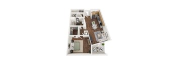 A top-down view of a house layout with a living room, kitchen, and bedrooms.