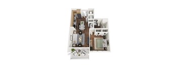 A one bedroom apartment with a living room, kitchen, and bedroom.
