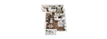 A top-down view of a small apartment with a kitchen, living room, and bedroom.