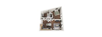 A top down view of a small apartment with a kitchen, living room, and bedroom.