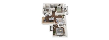 A top down view of a small apartment with a living room, kitchen, and bedroom.