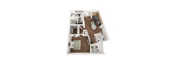 A floor plan of a house with a kitchen, living room, and two bedrooms.
