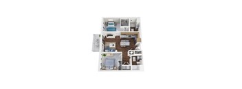 A 3D floor plan of a house with a kitchen, living room, and bedrooms.