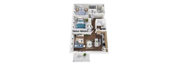 A top-down view of a small apartment with a living room, kitchen, and two bedrooms.