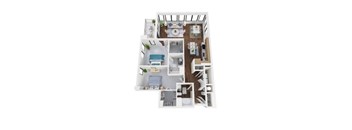 A floor plan of a house with a kitchen, living room, and two bedrooms.