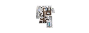 A 3D floor plan of a house with a kitchen, living room, and two bedrooms.
