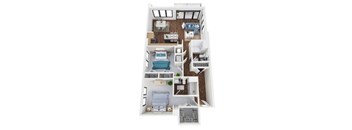 A floor plan of a two-bedroom apartment with a living room, kitchen, and bathroom.
