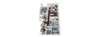A 3D floor plan of a house with multiple rooms.
