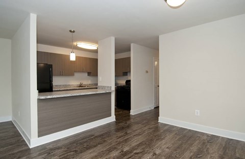 A kitchen area with a counter and cabinets.