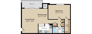 A floor plan of a home with a living room, dining area, kitchen, and bedrooms.