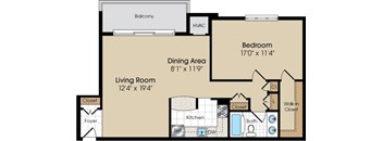 A floor plan of a home with a living room, dining area, kitchen, bathroom, and bedroom.