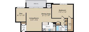 A floor plan of a home with a living room, dining area, kitchen, and bedroom.