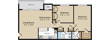 A floor plan of a home with a living room, dining area, kitchen, two bedrooms, a bathroom, and a balcony.