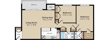 A floor plan of a home with a living room, dining area, kitchen, and two bedrooms.