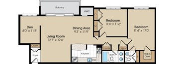 A floor plan of an apartment with a living room, dining area, two bedrooms, and a balcony.