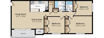 A floor plan of a house with a living room, dining area, and three bedrooms.