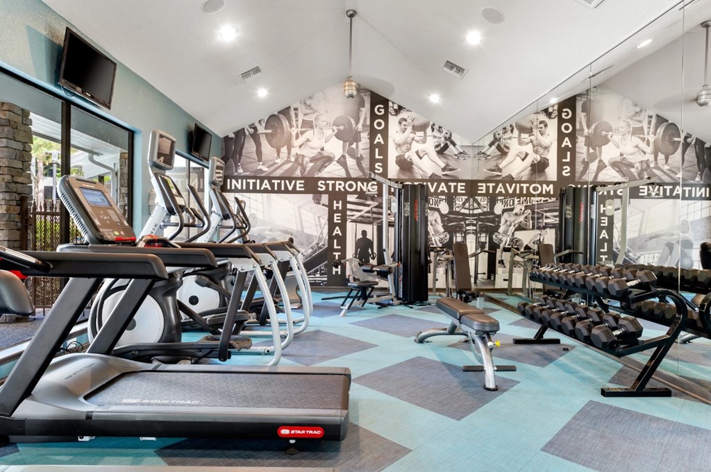 A gym with treadmills, exercise bikes, and weight machines.
