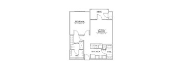 A floor plan of a small apartment with a bedroom, living room, kitchen, and bathroom.