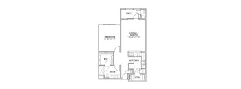 A floor plan of a house with a bedroom, bathroom, kitchen, living/dining area, and a deck.