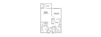 A floor plan of a small apartment with a kitchen, living/dining area, bedroom, bathroom, and a deck.