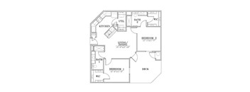 A floor plan of a house with two bedrooms, a living room, a dining room, a kitchen, a bathroom, and a deck.