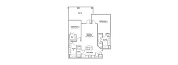 A black and white floor plan of a house with two bedrooms, a living room, a kitchen, two bathrooms, a utility space, and a deck.