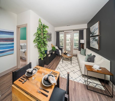 A dining table with chairs and a potted plant in a living room.