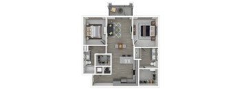 A floor plan of a house with a kitchen, living room, dining room, and bathroom.