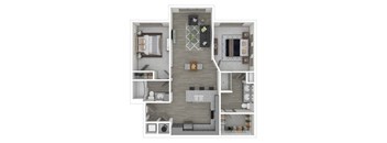A floor plan of a small apartment with a kitchen, living room, and bedroom.