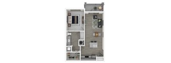 A floor plan of a small apartment with a kitchen, living room, and bathroom.
