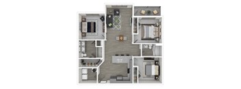 A floor plan of a house with a kitchen, living room, dining room, and two bedrooms.