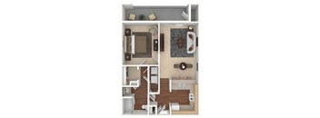 A floor plan of a small apartment with a bedroom, living room, and kitchen.