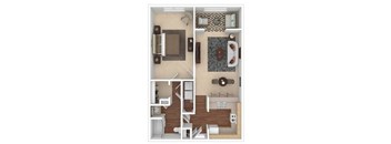 A floor plan of a small apartment with a kitchen, living room, and bathroom.