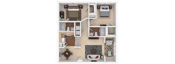 A 3D floor plan of a small apartment with a kitchen, living room, and bedroom.
